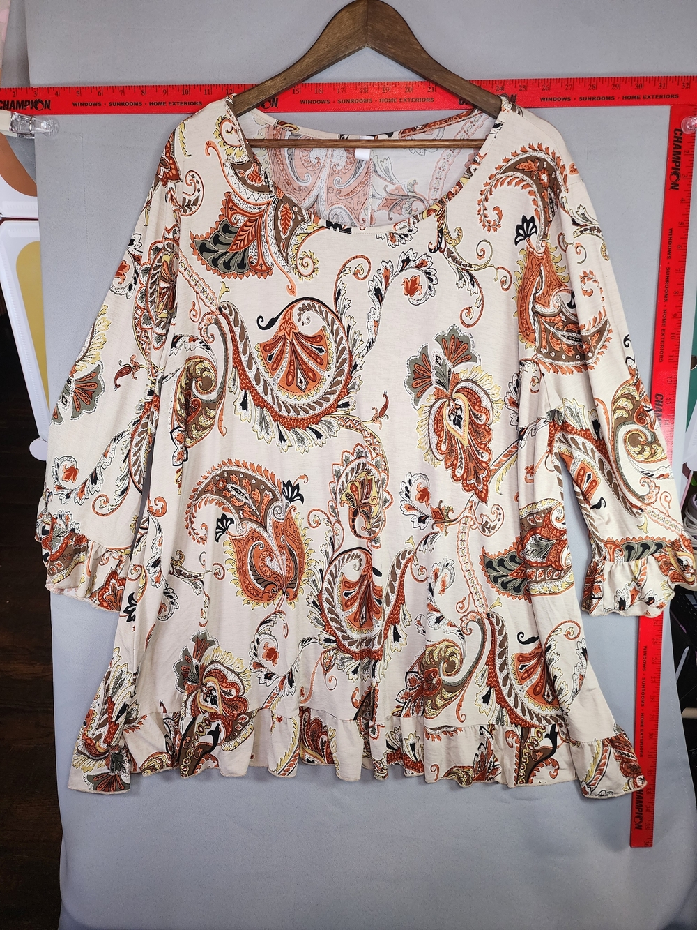 Paisley Ruffle-Hem Tunic Top in Cream and Orange